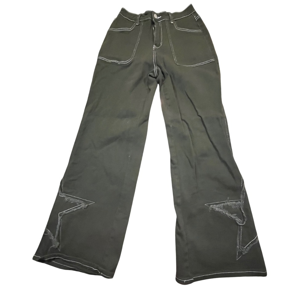 Hot Topic Olive Green Contrast Stitch Star Flare Leg Pants Girls Size 5 Y2K Altl